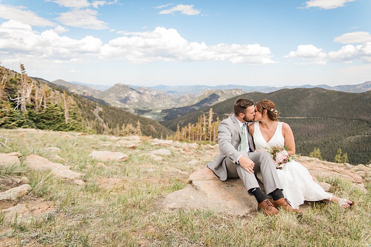 Bride Groom Sitting Kiss Scenic Rocky Mountain National Park Elopement http://allisonslaterphotography.com/