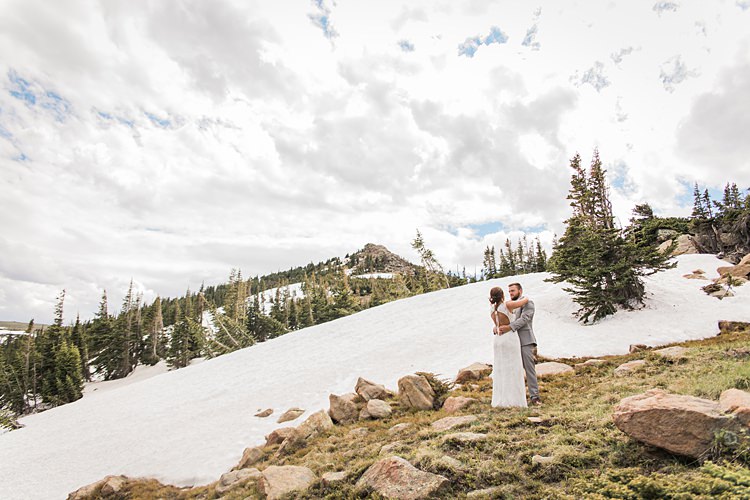 Bride Groom Embrace Scenic Rocky Mountain National Park Elopement http://allisonslaterphotography.com/