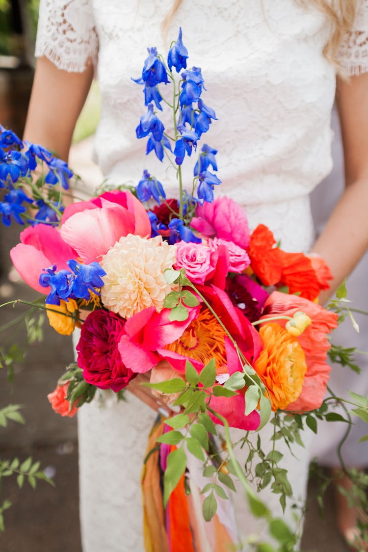 Bouquet Flowers Colourful Peony Dahlia Rose Pink Blue Orange Whimsical Unicorn Rainbow Wedding http://clairemacintyre.com/