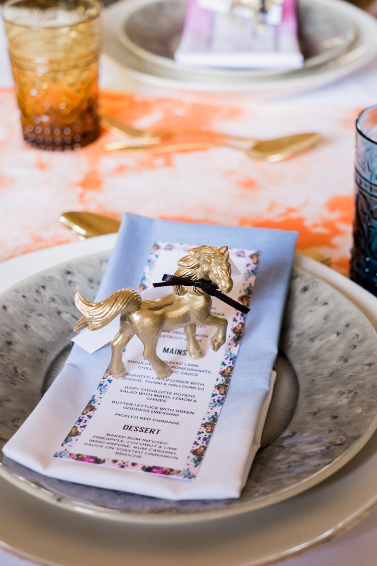 Gold Painted Unicorn Decor Table Whimsical Unicorn Rainbow Wedding http://clairemacintyre.com/