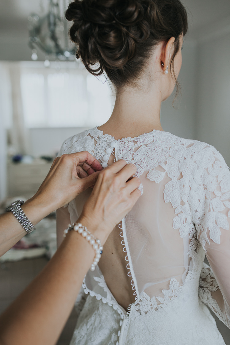 Dress Gown Sheer Illusion Bride Bridal Back Buttons Lace Colour Pop Coral Beach Wedding http://www.kategrayphotography.com/