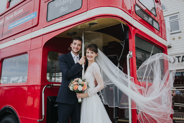 Red Double Decker Bus Transport Colour Pop Coral Beach Wedding http://www.kategrayphotography.com/
