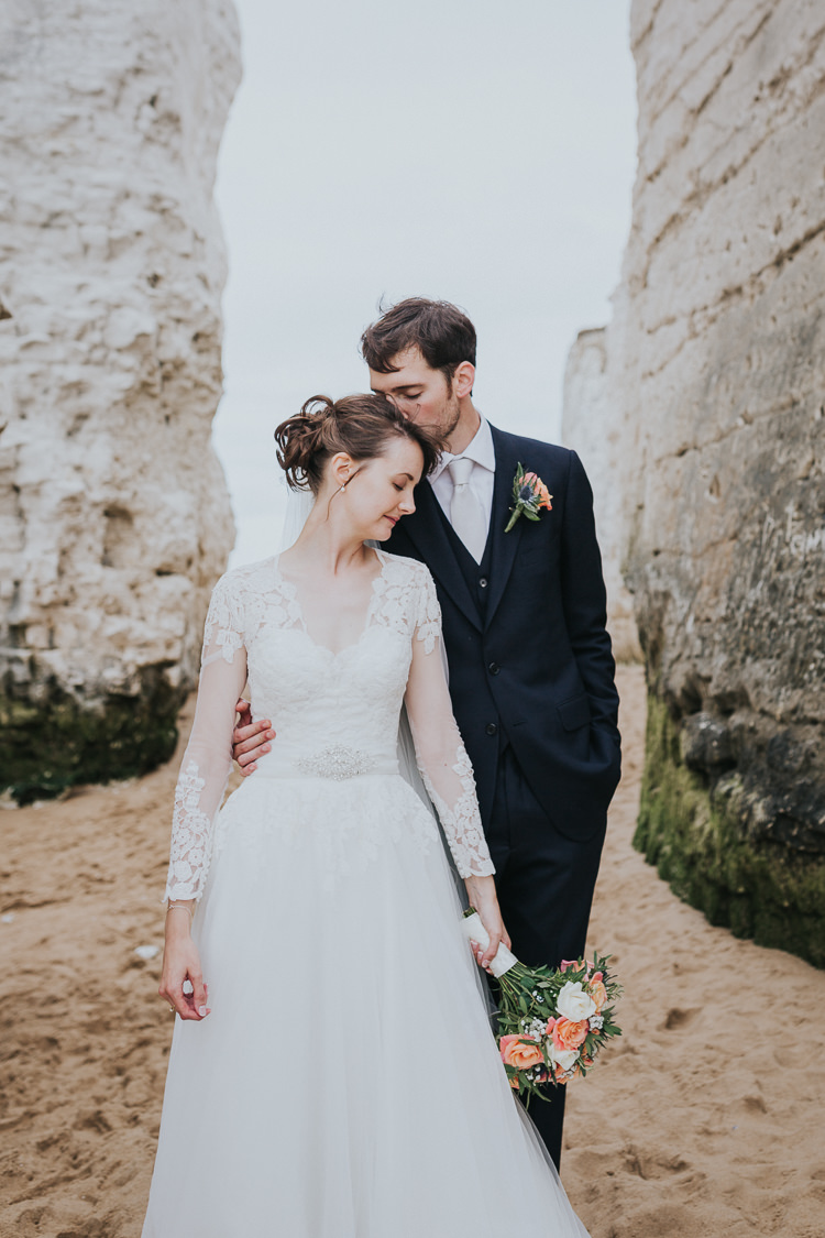 Diane Legrand Tulle Lace Sheer Illusion Long Sleeve Dress Bride Bridal Gown Colour Pop Coral Beach Wedding http://www.kategrayphotography.com/