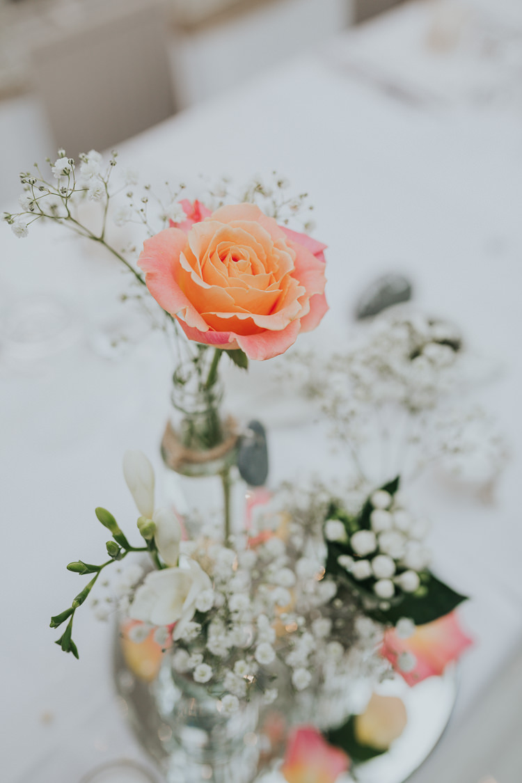 Rose Bottle Flowers Mirror Centrepiece Gypsophila Colour Pop Coral Beach Wedding http://www.kategrayphotography.com/