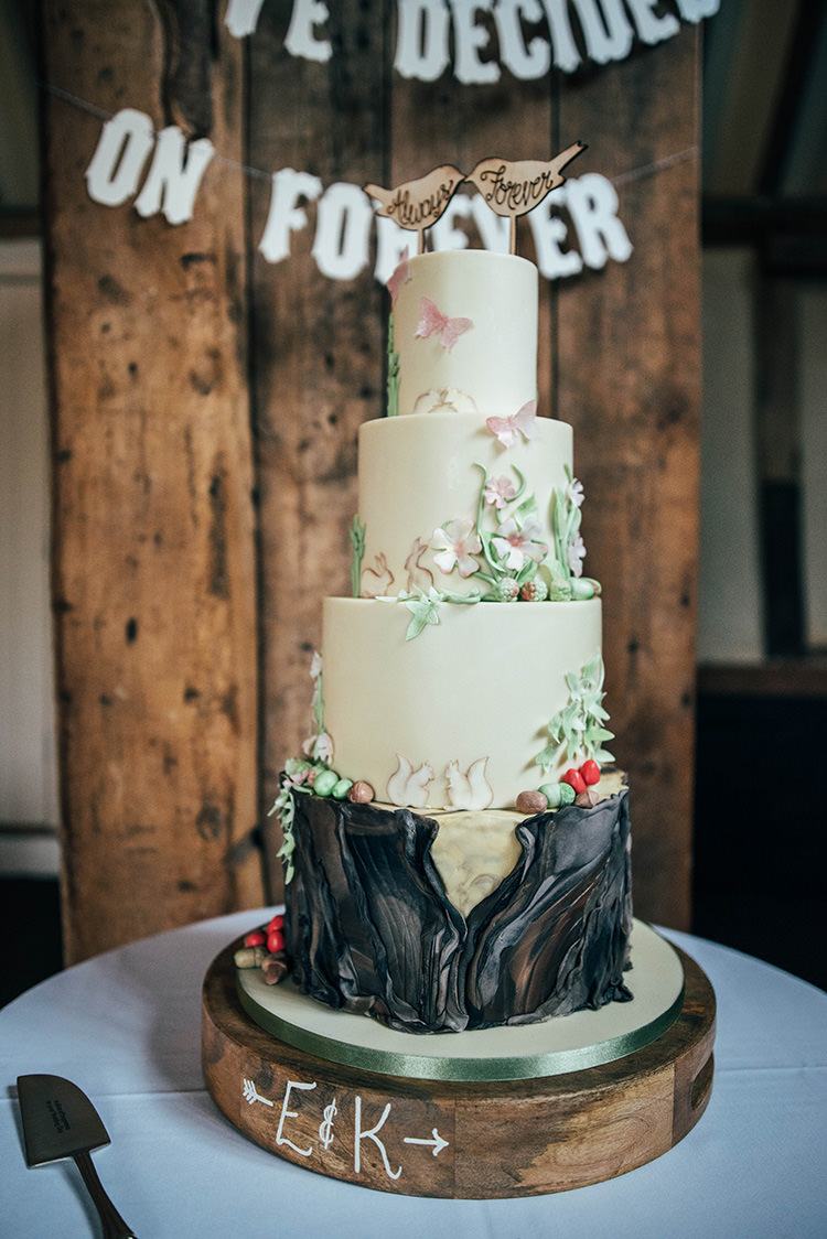 Cake Log Toadstool Flowers Birds Nature Woodland Colourful Hand Made Rustic Barn Flower Filled Wedding http://www.threeflowersphotography.co.uk/