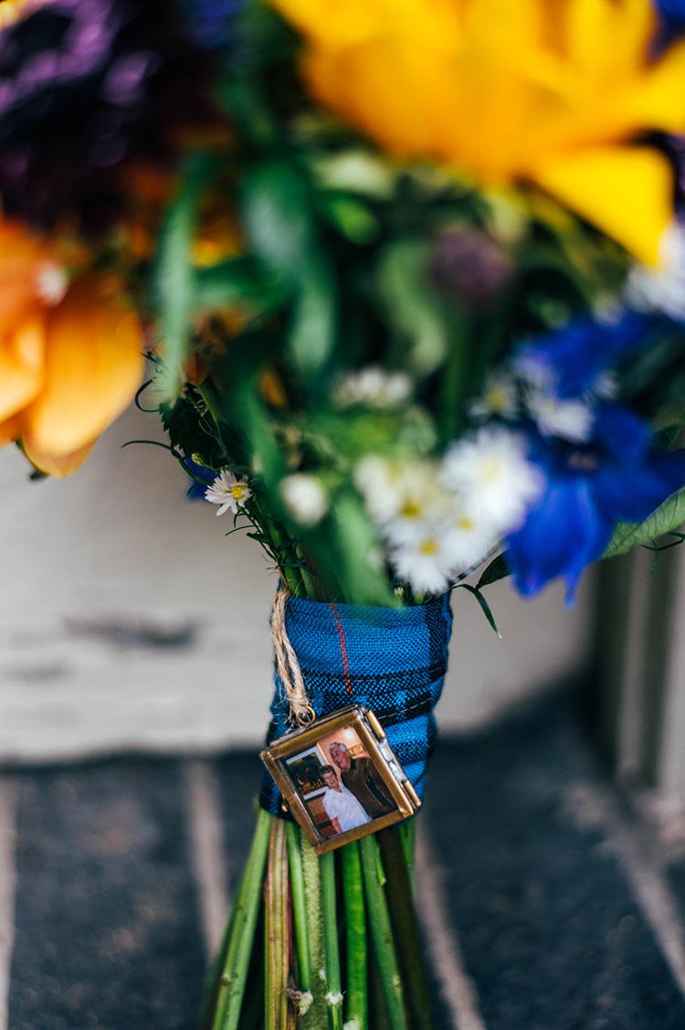 Bouquet Photo Locket Remember Memory Colourful Hand Made Rustic Barn Flower Filled Wedding http://www.threeflowersphotography.co.uk/