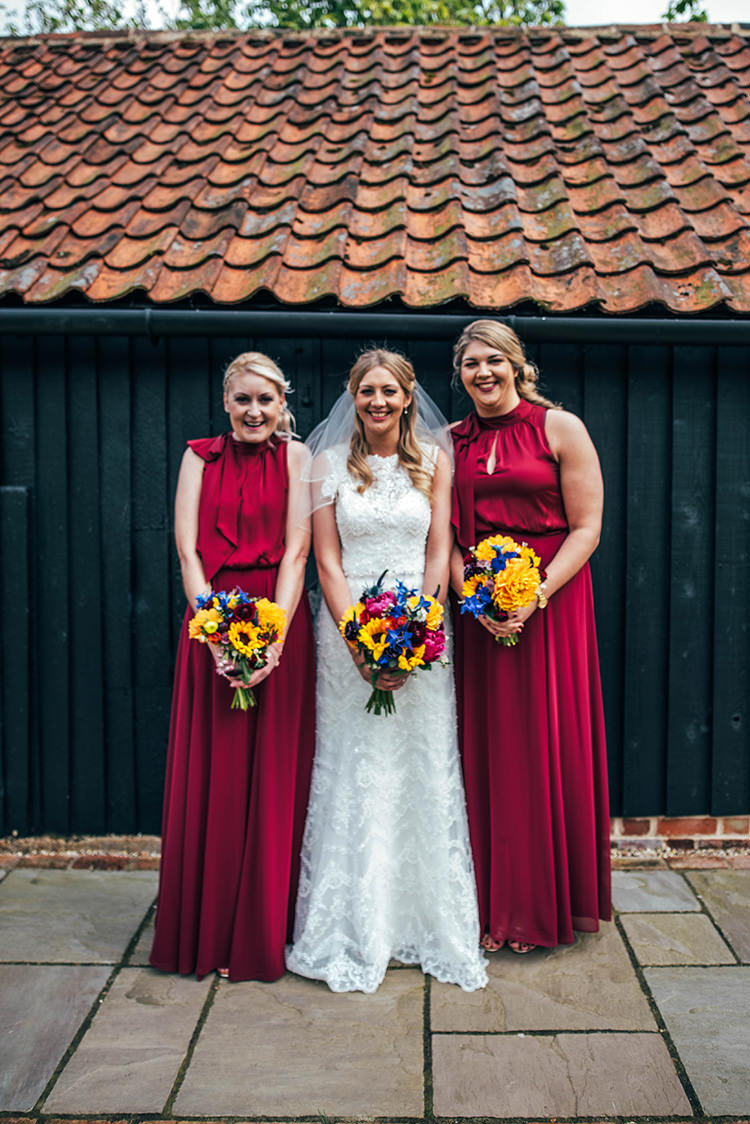 Long Red Maxi Dresses Bridesmaids Colourful Hand Made Rustic Barn Flower Filled Wedding http://www.threeflowersphotography.co.uk/