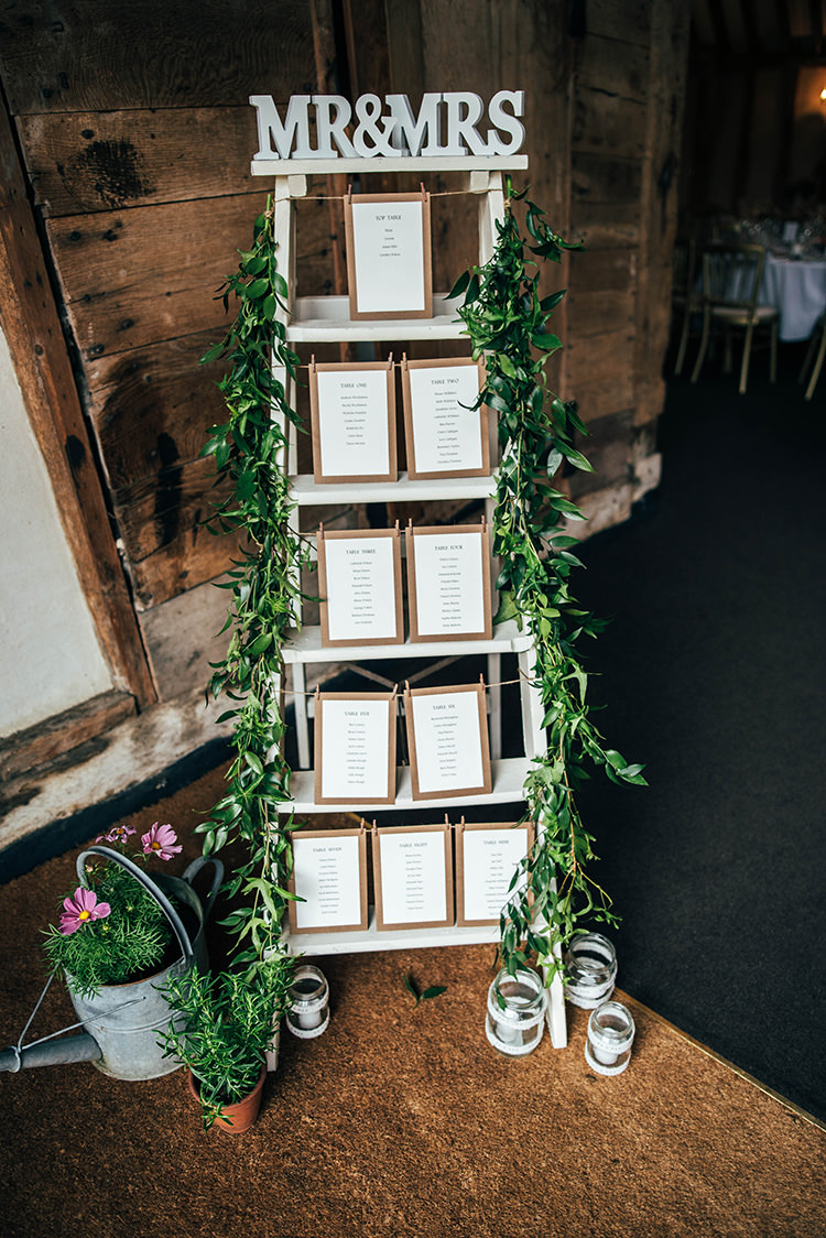 Ladder Seating Plan Table Chart Greenery Foliage Colourful Hand Made Rustic Barn Flower Filled Wedding http://www.threeflowersphotography.co.uk/