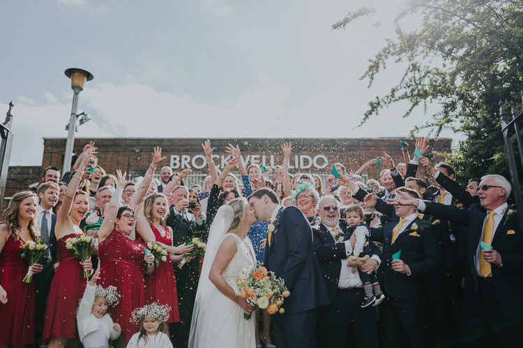 Confetti Shot Moment Bride Bridal Charlie Brear Dress Gown Veil Edit Suits Groom Yellow Tie Three Piece Waistcoat Low Key Colour Pop Local City Wedding http://www.kategrayphotography.com/