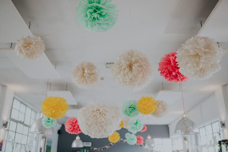 Tissue Paper Pom Pom Multicoloured DIY Suspended Ceiling Low Key Colour Pop Local City Wedding http://www.kategrayphotography.com/