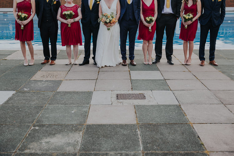 Bridesmaids Red David's Brockwell Lido Pool Bride Bridal Charlie Brear Dress Gown Veil Edit Suits Groom Yellow Tie Three Piece Waistcoat Low Key Colour Pop Local City Wedding http://www.kategrayphotography.com/