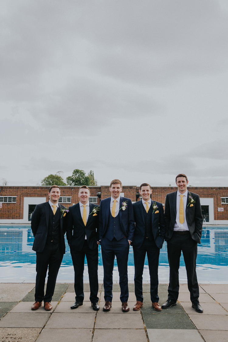 Groom Groomsmen Edit Suits Yellow Tie Three Piece Waistcoat Brockwell Lido Pool Low Key Colour Pop Local City Wedding http://www.kategrayphotography.com/