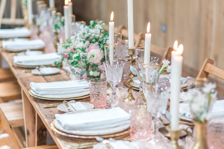 Decor Wooden Rustic Tablescape Fabric Candles Glasses Pink Flowers Ethereal Fine Art William Morris Wedding Ideas http://jessicadaviesphotography.co.uk/