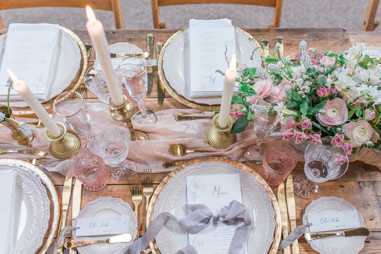 Decor Wooden Rustic Tablescape Fabric Candles Glasses Pink Flowers Ethereal Fine Art William Morris Wedding Ideas http://jessicadaviesphotography.co.uk/