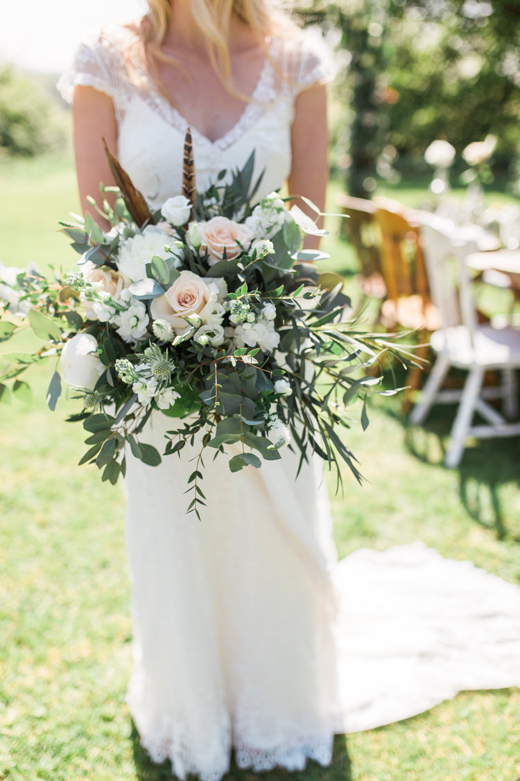 Foliage Flowers Roses Bouquet Pink Cream Feather Bride Bridal Bohemian Garden Greenery Wedding Ideas http://www.storytellerphotography.co.uk/