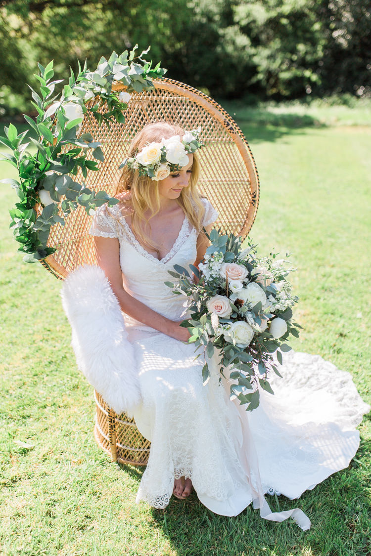 Foliage Flowers Roses Bouquet Pink Cream Feather Bride Bridal Wicker Chair Bohemian Garden Greenery Wedding Ideas http://www.storytellerphotography.co.uk/