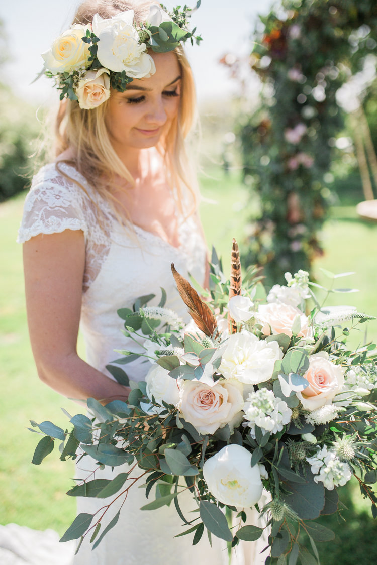 Foliage Flowers Roses Bouquet Pink Cream Feather Bride Bridal Crown Bohemian Garden Greenery Wedding Ideas http://www.storytellerphotography.co.uk/