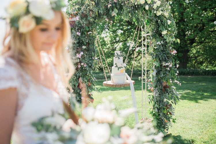 Marble Cake Wreath Gold Log Suspended Log Hanging Swing Arch Bohemian Garden Greenery Wedding Ideas http://www.storytellerphotography.co.uk/
