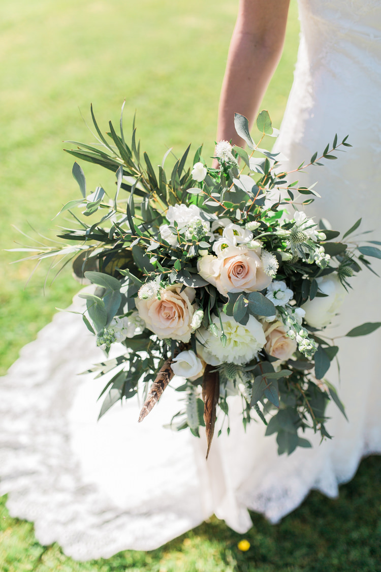 Foliage Flowers Roses Bouquet Pink Cream Feather Bride Bridal Bohemian Garden Greenery Wedding Ideas http://www.storytellerphotography.co.uk/