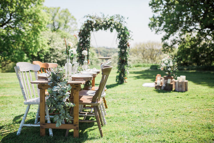 Rustic Wooden Mismatch Furniture Table Chairs Tablescape Bohemian Garden Greenery Wedding Ideas http://www.storytellerphotography.co.uk/