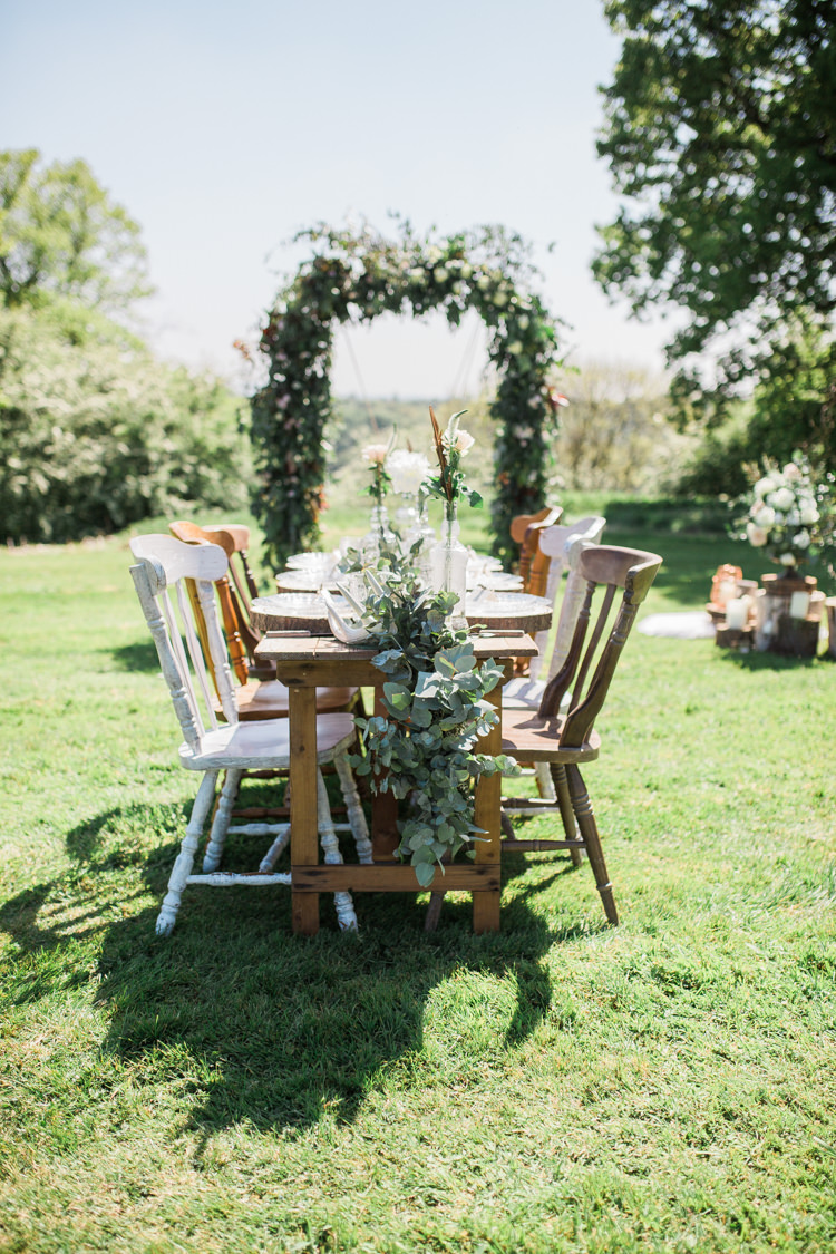 Rustic Wooden Mismatch Furniture Table Chairs Tablescape Bohemian Garden Greenery Wedding Ideas http://www.storytellerphotography.co.uk/