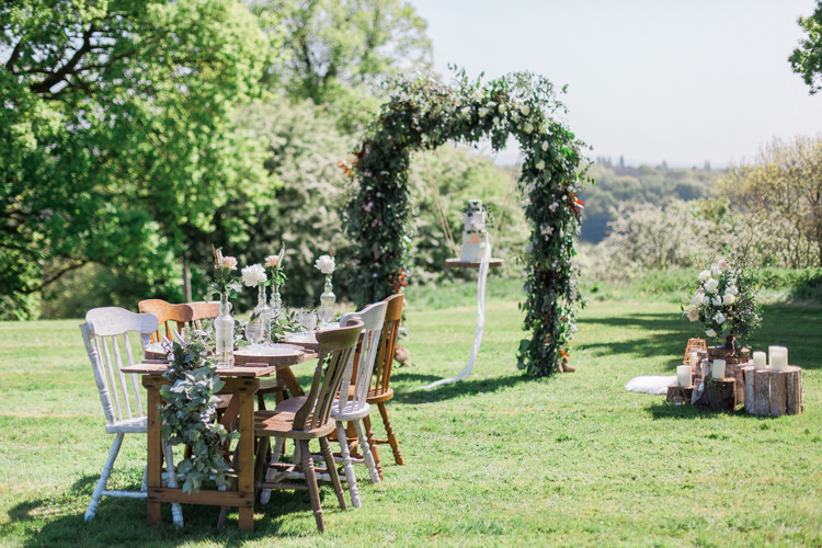 Rustic Wooden Mismatch Furniture Table Chairs Tablescape Bohemian Garden Greenery Wedding Ideas http://www.storytellerphotography.co.uk/