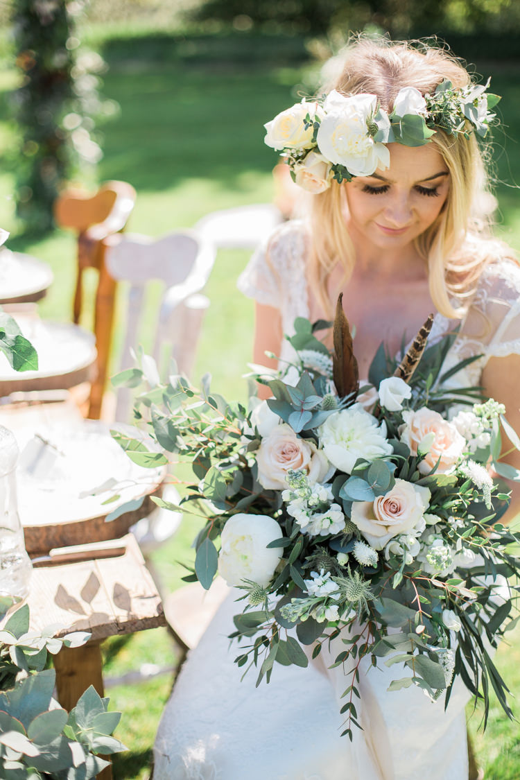 Foliage Flowers Roses Bouquet Pink Cream Feather Bride Bridal Crown Bohemian Garden Greenery Wedding Ideas http://www.storytellerphotography.co.uk/