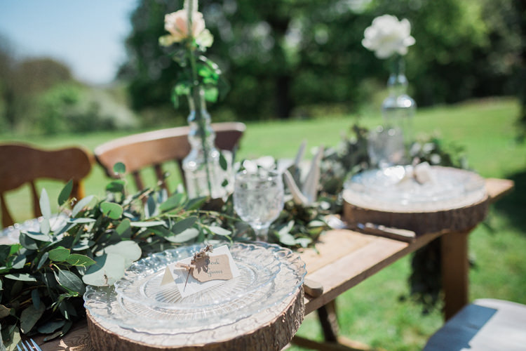 Log Place Setting Glass Plate Rustic Wooden Bohemian Garden Greenery Wedding Ideas http://www.storytellerphotography.co.uk/