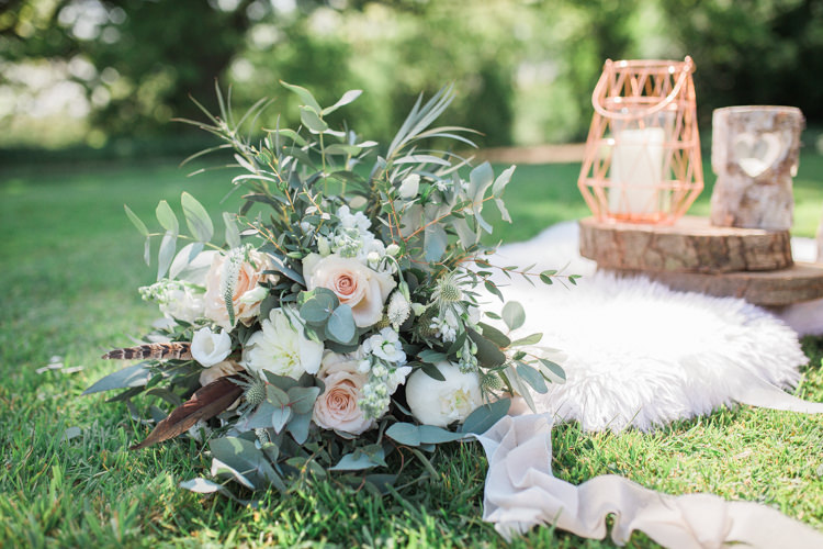 Foliage Flowers Roses Bouquet Pink Cream Feather Bride Bridal Bohemian Garden Greenery Wedding Ideas http://www.storytellerphotography.co.uk/