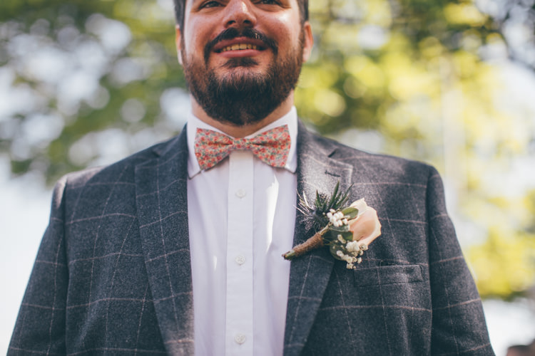 Floral Bow Tie Groom Check Jacket Pretty Pale Pink Scenic Coast Wedding http://rachellambertphotography.co.uk/