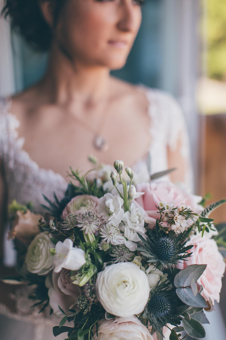 Bouquet Flowers Bride Bridal Rose Thistle Ranunculus Pretty Pale Pink Scenic Coast Wedding http://rachellambertphotography.co.uk/
