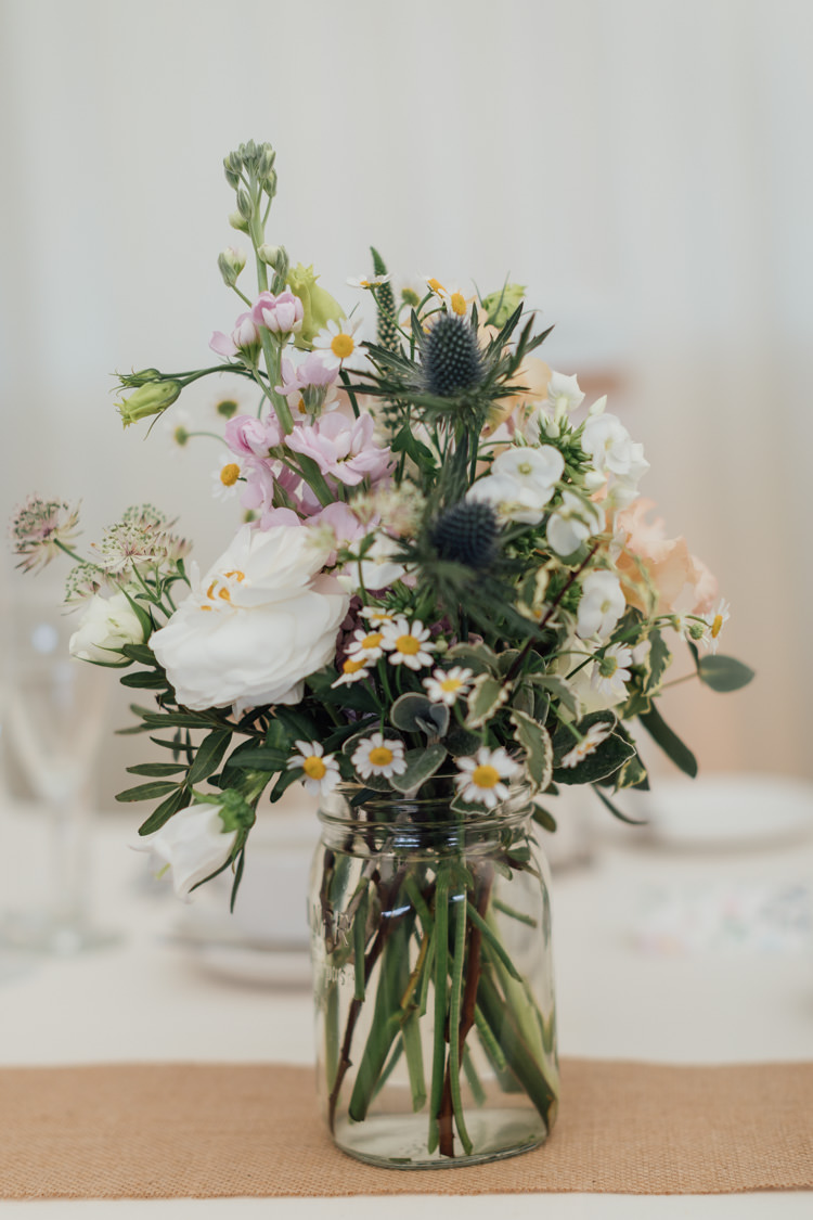 Jar Flowers Centrepiece Daisy Thistle Pretty Pale Pink Scenic Coast Wedding http://rachellambertphotography.co.uk/