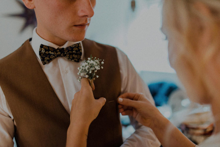 Bow Tie Waistcoat Groomsmen Buttonhole Dreamy Natural Boho Barn Wedding https://heychrisrandle.com/