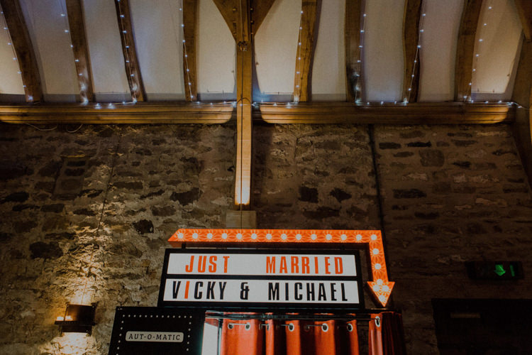 Cinema Light Sign Booth Photo Dreamy Natural Boho Barn Wedding https://heychrisrandle.com/