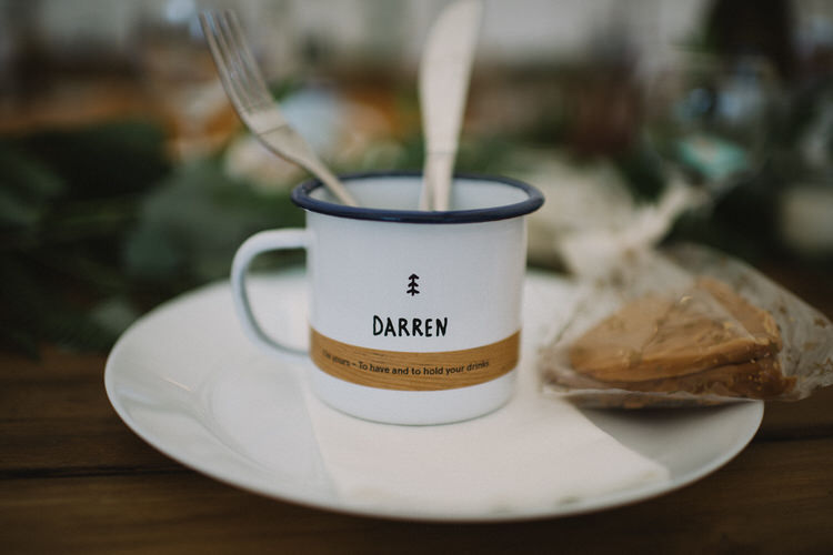Personalisd Camping Mugs Favour Place Setting Vintage Log Cabin Wedding Sea http://www.lisadevinephotography.co.uk/
