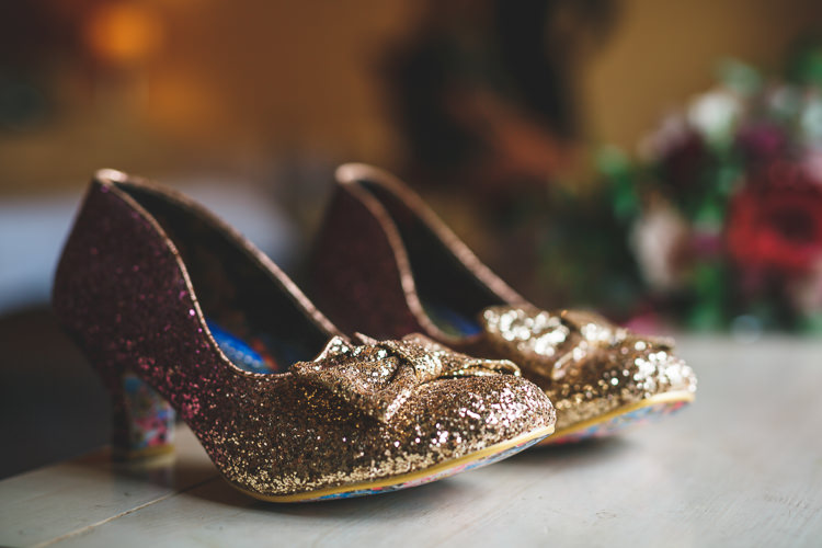 Gold Sparkly Glitter Court Shoes Bride Bridal Irregular Choice Rustic Barn Red Gold Glam Wedding https://garethnewsteadphotography.com/