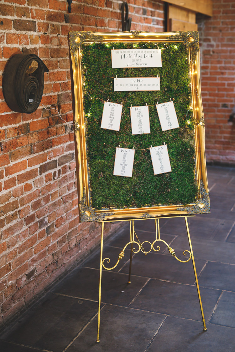 Table Plan Seating Chart Gold Frame Fairy Lights Moss Rustic Barn Red Gold Glam Wedding https://garethnewsteadphotography.com/