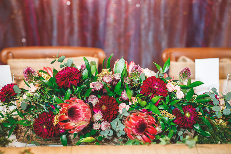 Top Table Dhalia Greenery Rustic Barn Red Gold Glam Wedding https://garethnewsteadphotography.com/