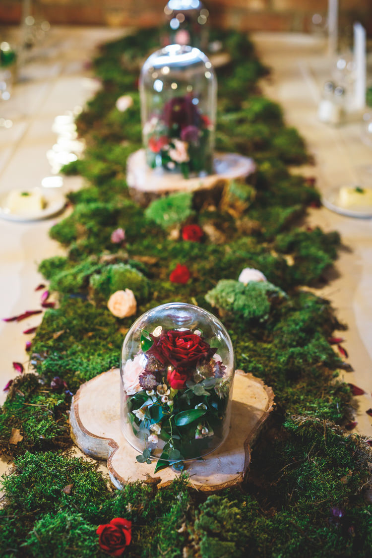 Moss Table Runner Rose Bell Jar Wood Slice Log Greenery Rustic Barn Red Gold Glam Wedding https://garethnewsteadphotography.com/