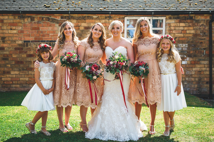 Bride Bridal Bridesmaids Chi Chi London Lace Tea Length Peach White Flower Crown Monsoon Bouquet Ribbon Sottero & Midgley Sweetheart Neckline Rustic Barn Red Gold Glam Wedding https://garethnewsteadphotography.com/