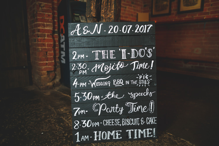 Order of Day Pallet Board Chalk Timetable Welcome Rustic Barn Red Gold Glam Wedding https://garethnewsteadphotography.com/