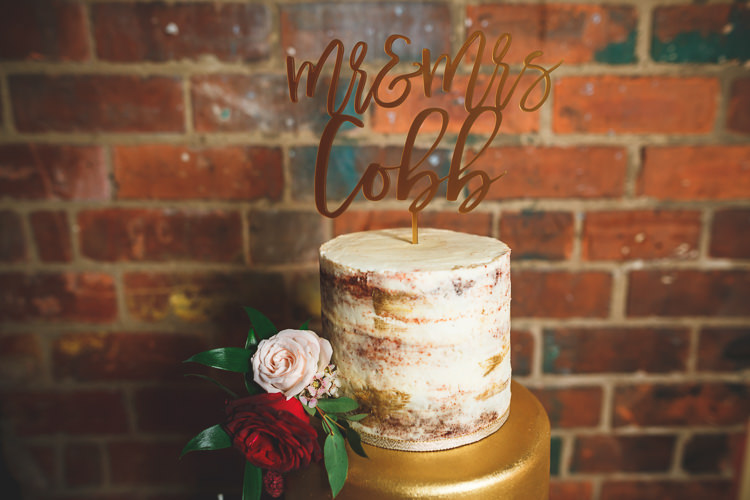 Buttercream Cake Naked Rose Gold Laser Cut Topper Rustic Barn Red Gold Glam Wedding https://garethnewsteadphotography.com/