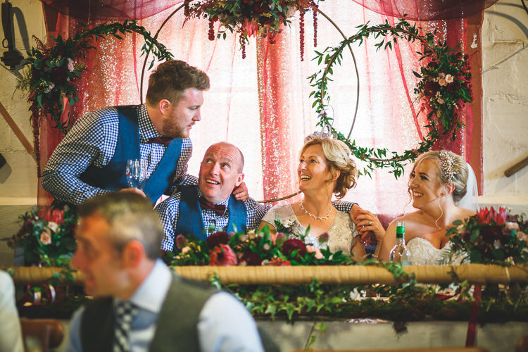Floral Greenery Hoops Rose Dhalia Voile Table Runner Rustic Barn Red Gold Glam Wedding https://garethnewsteadphotography.com/
