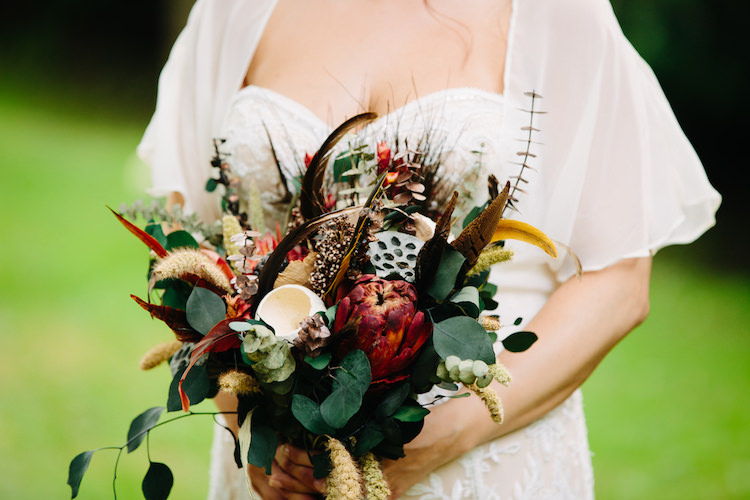 Autumn Inspriation Jewel Tones Bouquet Red Yellow Greenery Feathers http://www.jbonadiophoto.com/