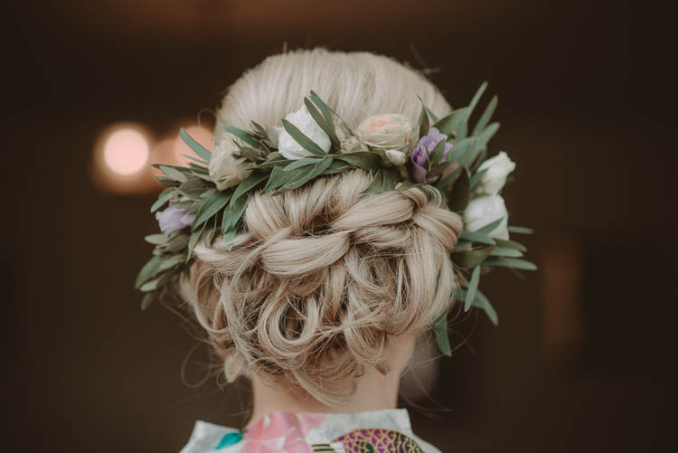 Bride Bridal Hair Up Do Style Flowers Whimsical Modern Rustic Barn Wedding http://photomagician.co.uk/
