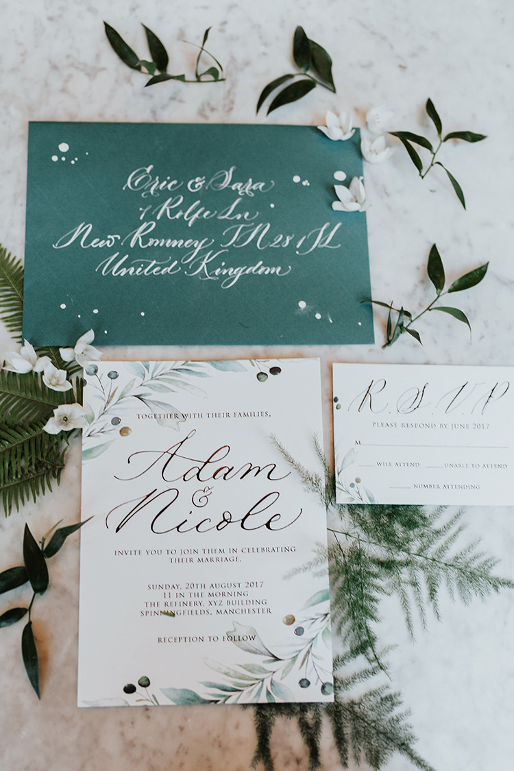 Stationery Green White Invitations Invite Calligraphy Botanical Leaves Industrial Greenery City Wedding Ideas https://leahlombardi.com/