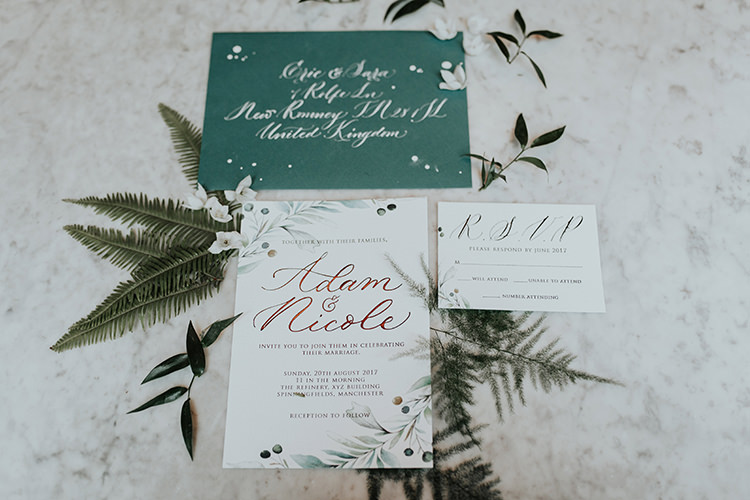 Stationery Green White Invitations Invite Calligraphy Botanical Leaves Foliage Industrial Greenery City Wedding Ideas https://leahlombardi.com/