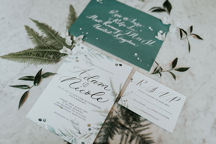 Stationery Green White Invitations Invite Calligraphy Botanical Leaves Industrial Greenery City Wedding Ideas https://leahlombardi.com/