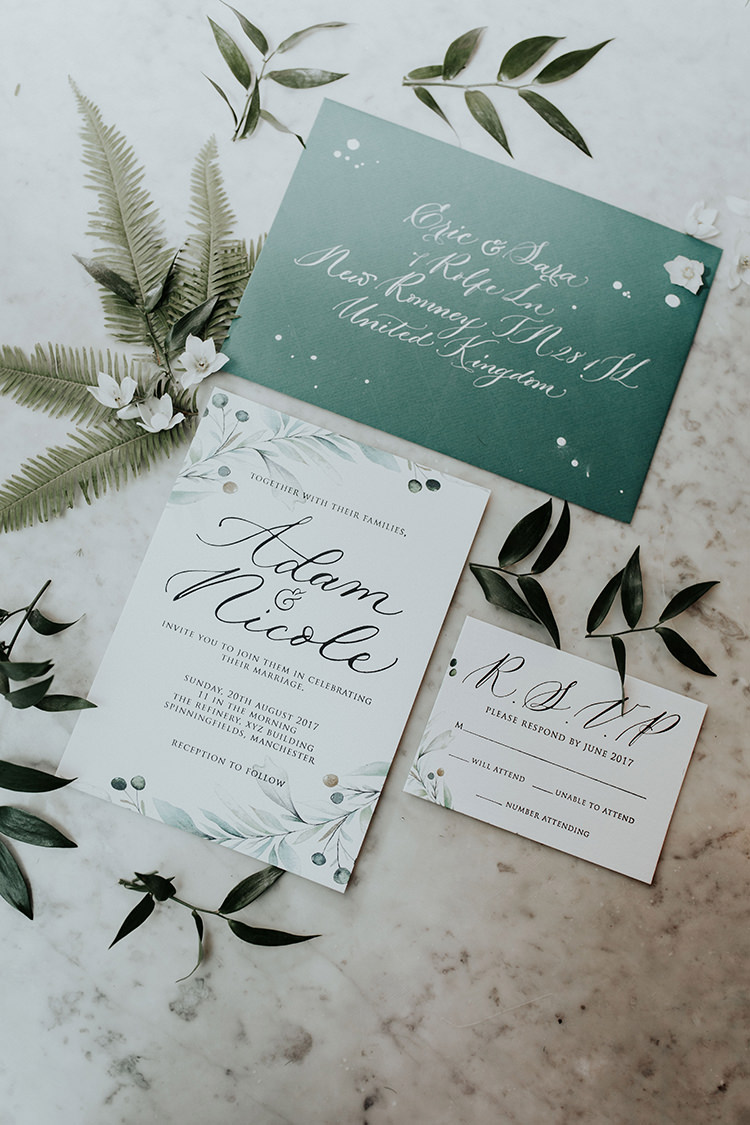 Stationery Green White Invitations Invite Calligraphy Botanical Leaves Industrial Greenery City Wedding Ideas https://leahlombardi.com/