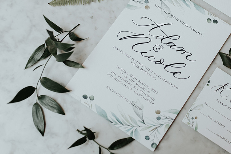 Stationery Green White Invitations Invite Calligraphy Botanical Leaves Industrial Greenery City Wedding Ideas https://leahlombardi.com/